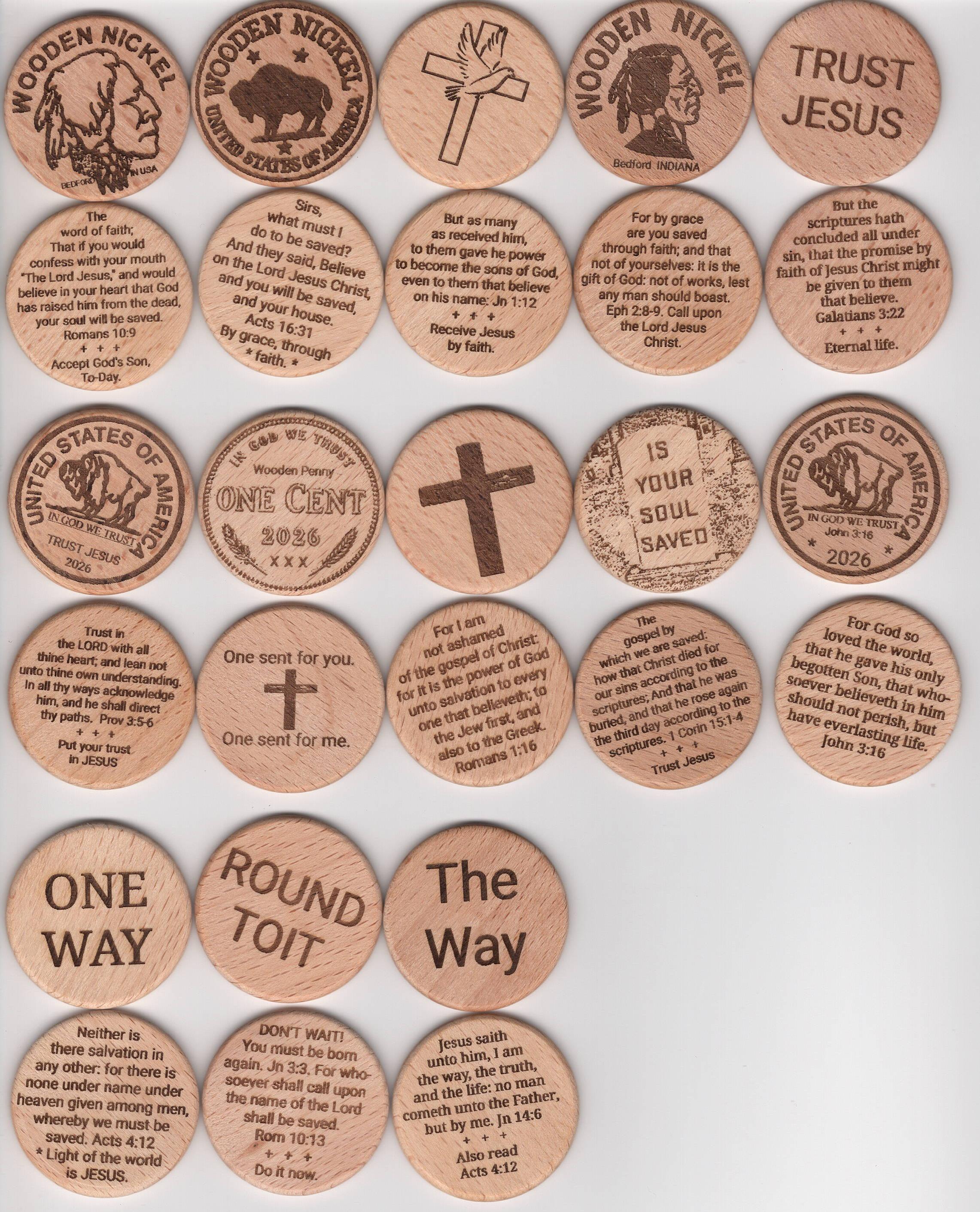 Complete wooden nickel gospel token catalog showing all 28 designs - front and back